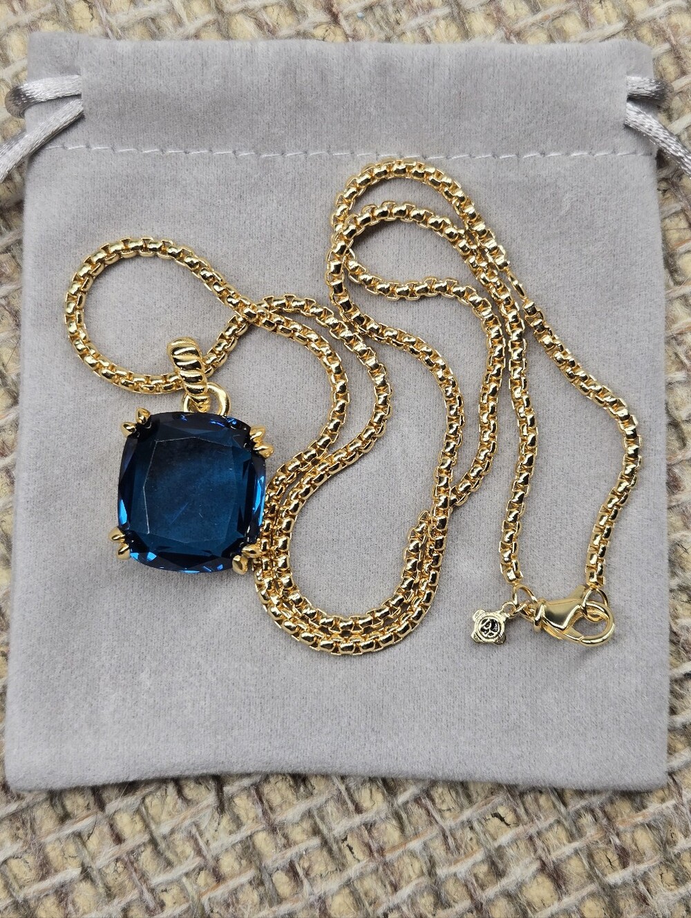 New Gold Tone Chain Necklace with Deep Blue Cushion Pendant